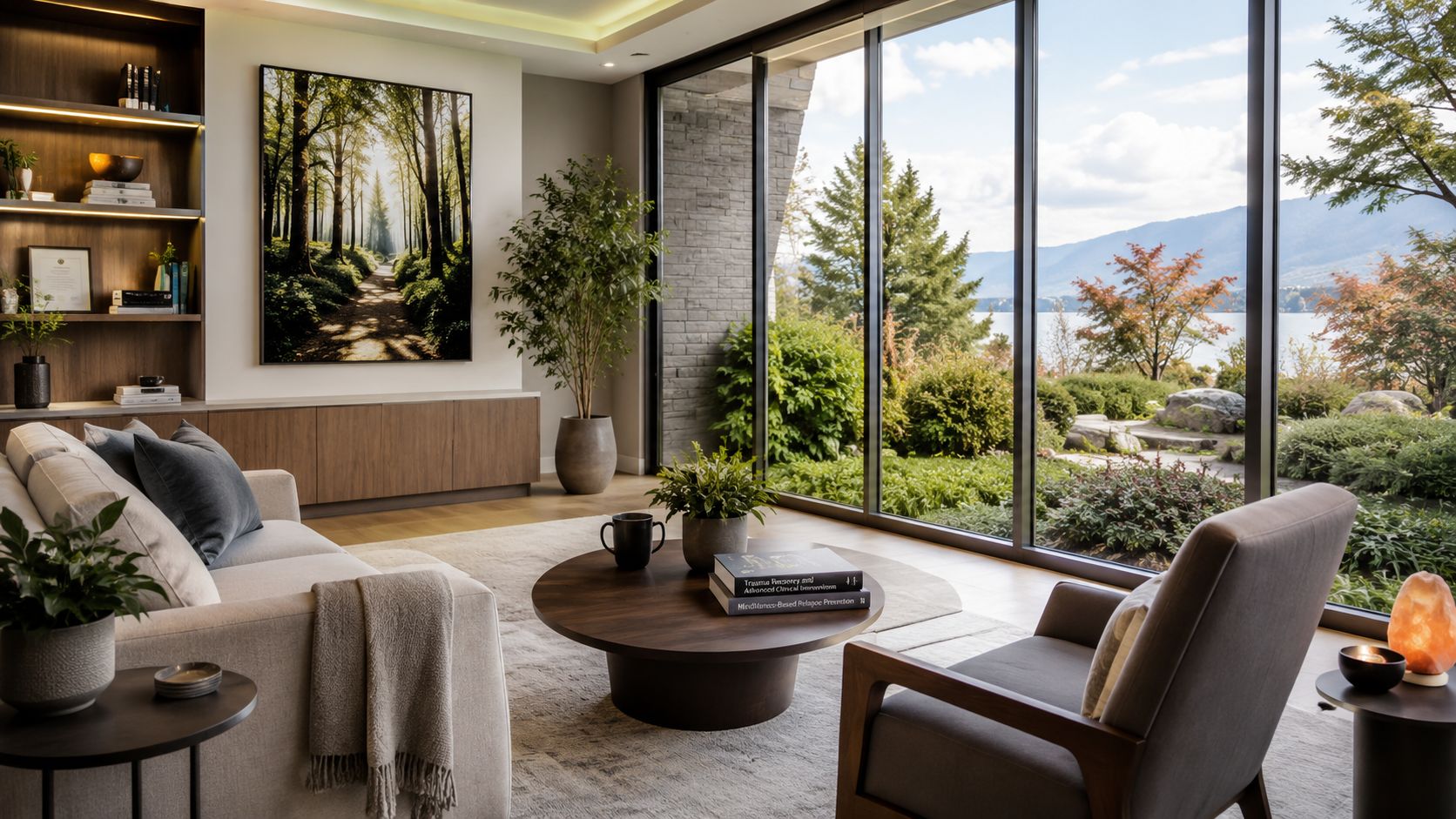 A modern and serene office lounge for addiction recovery featuring nature-inspired decor and scenic window views.