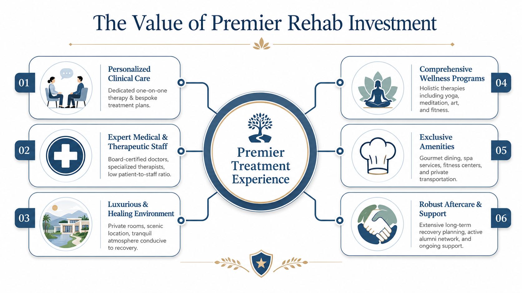 An infographic detailing the benefits and premium features of high-end addiction treatment and rehabilitation services.
