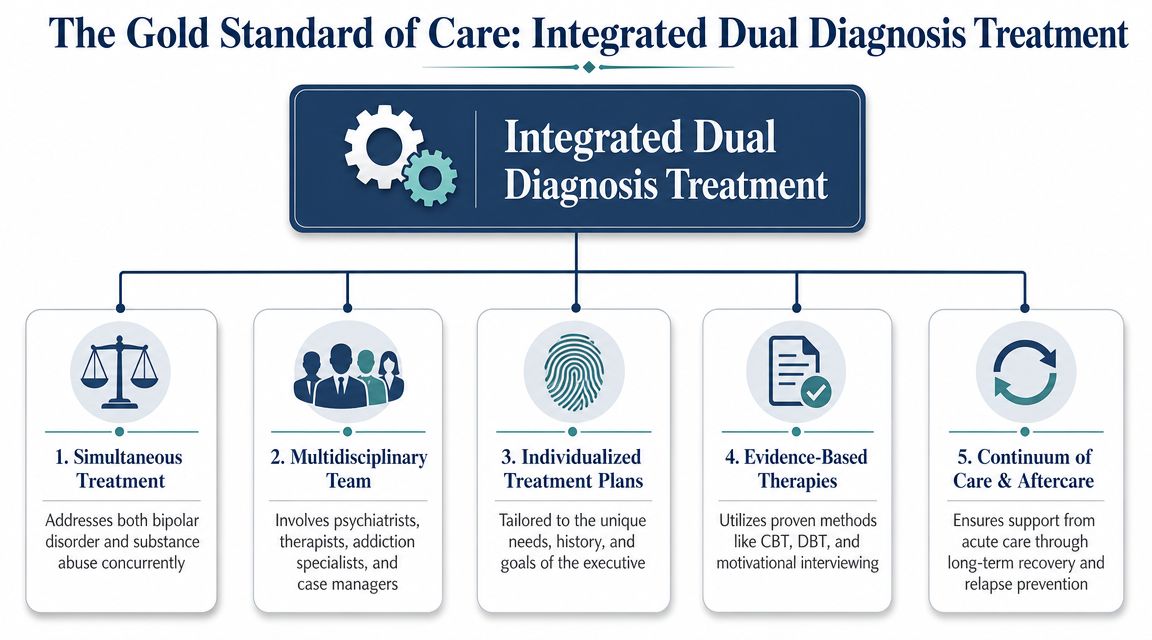 An infographic showing the five components of the gold standard for integrated dual diagnosis treatment programs.