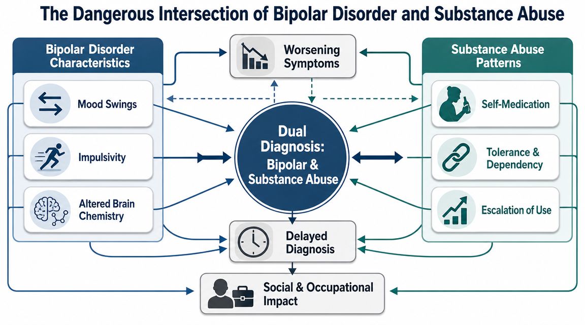A diagram illustrating the complex relationship between bipolar disorder and substance abuse and their negative impacts.