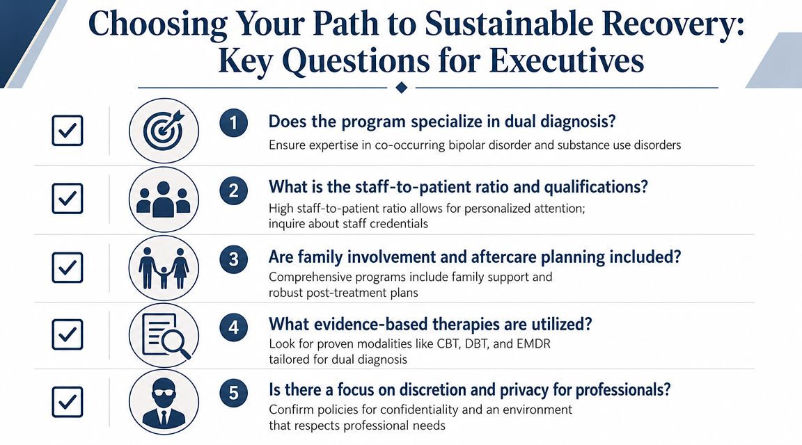 An infographic listing five key questions for executives choosing a professional substance abuse and bipolar recovery program.