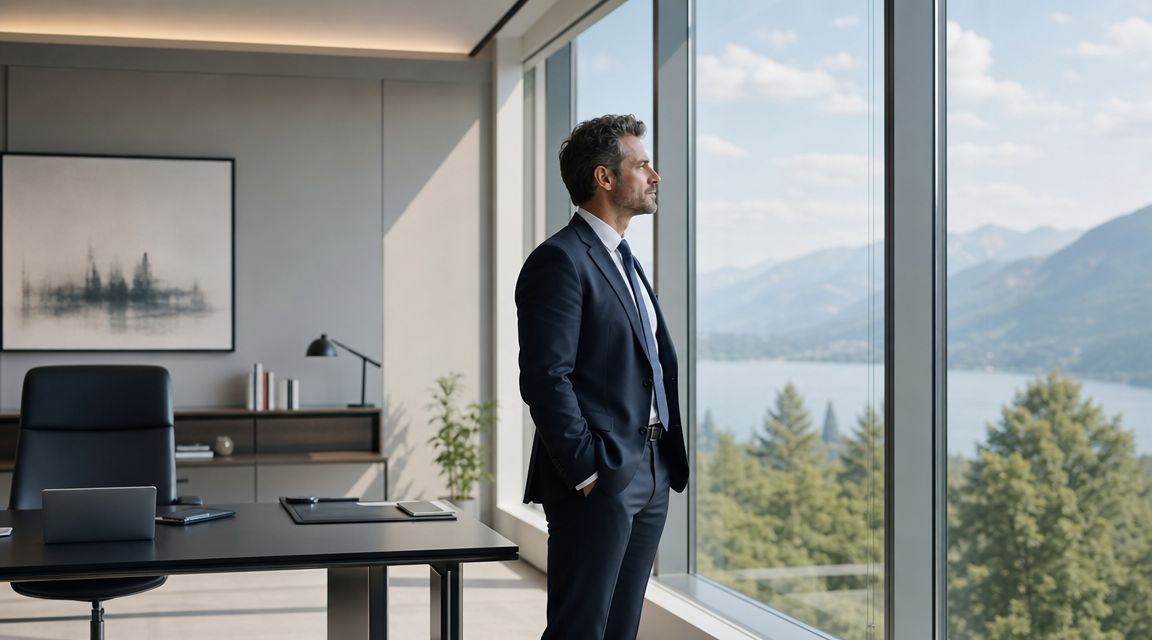 A professional man in a business suit gazes out of a large office window at a scenic mountain landscape.