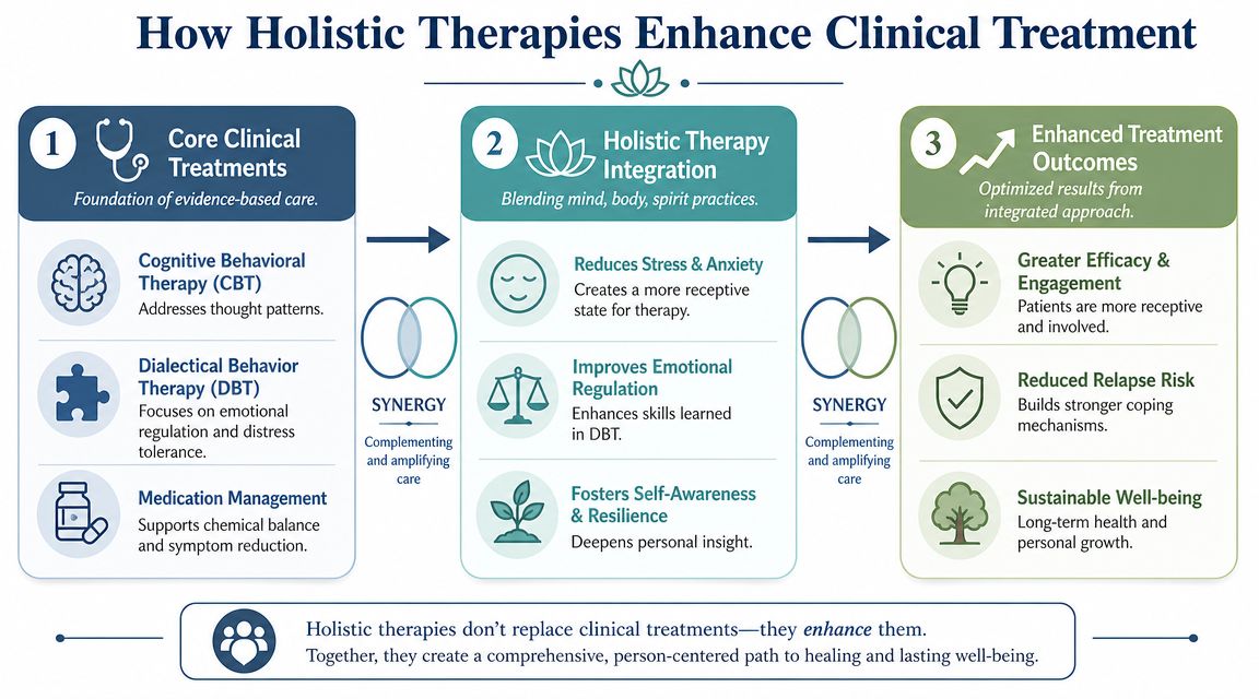 An infographic illustrating how holistic therapy integration enhances clinical treatment outcomes for patient health and well-being.