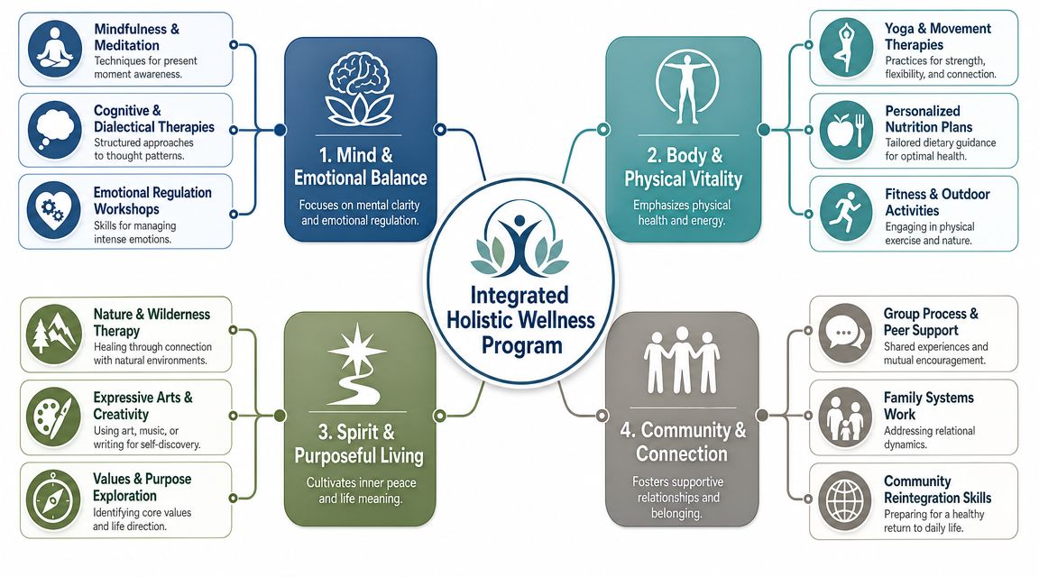 A diagram illustrating the four core components of an integrated holistic wellness program with sub-categories.
