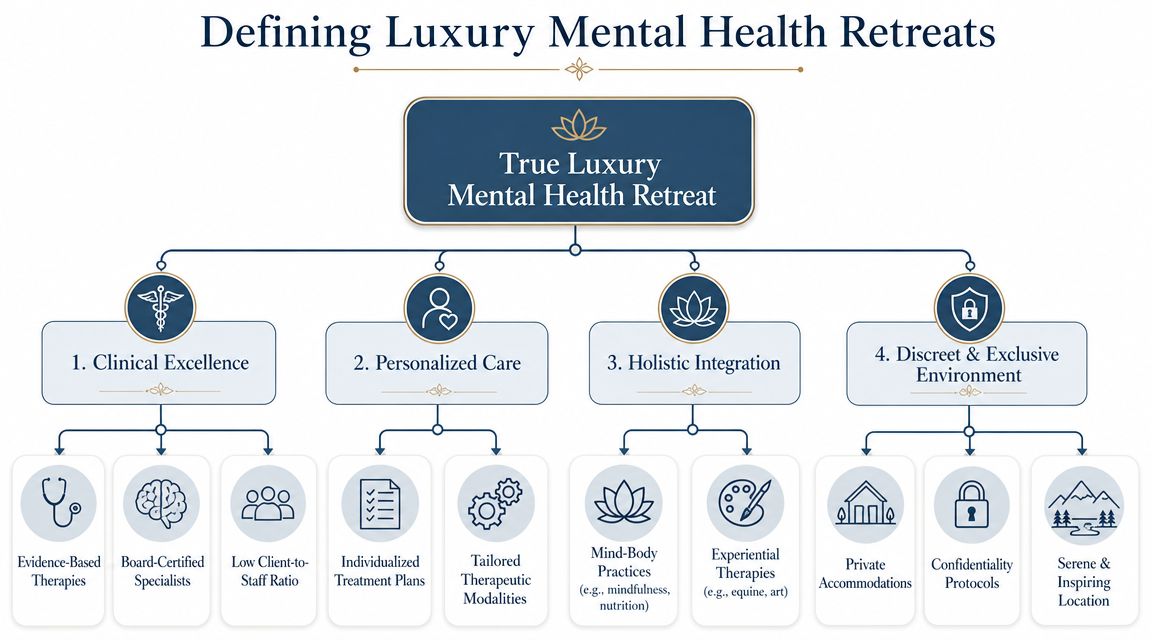 A flow chart outlining the essential components of a luxury mental health retreat program.