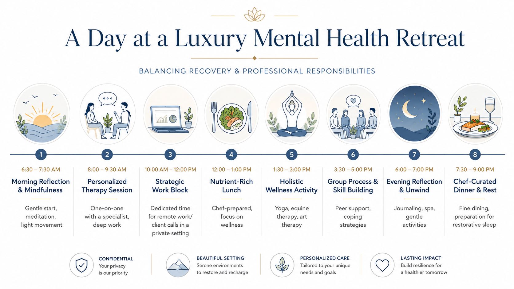 A schedule infographic for a luxury mental health retreat outlining a daily routine of wellness and work.