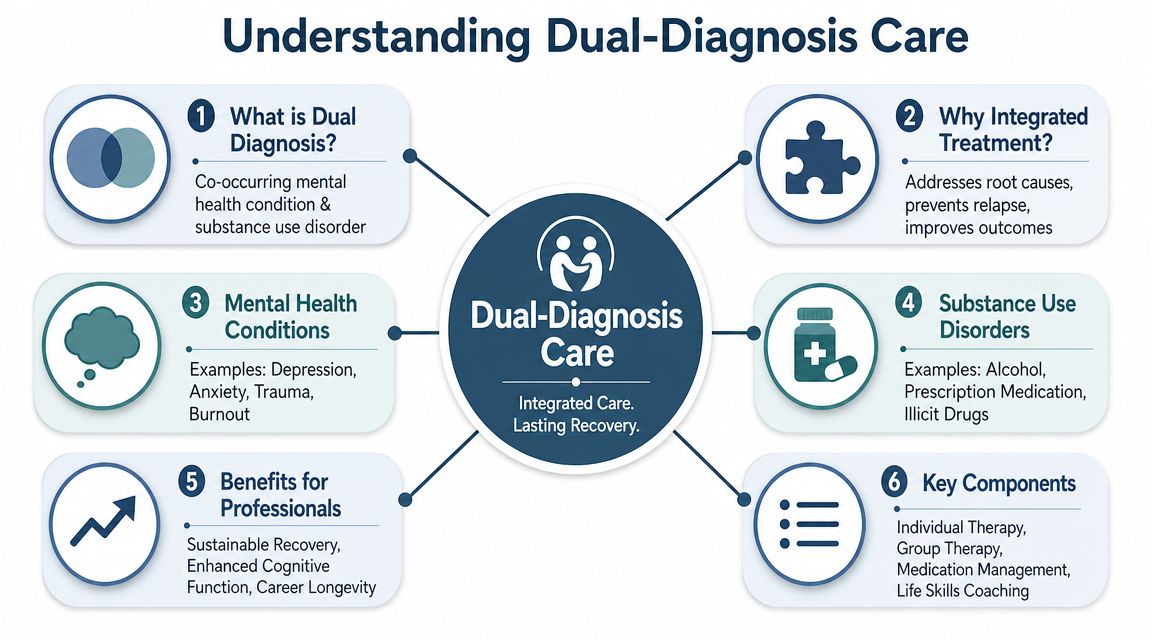An infographic titled Understanding Dual-Diagnosis Care, illustrating the connection between mental health and substance abuse treatment.