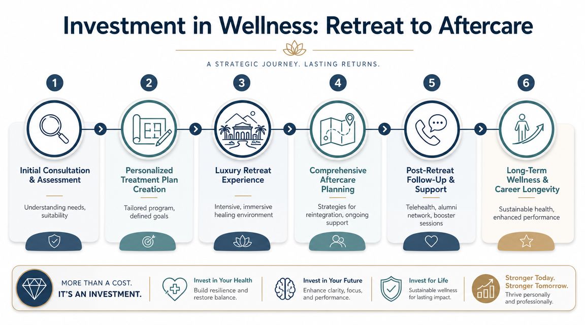 A strategic six-step journey infographic detailing a luxury mental health retreat from assessment to long-term career longevity.