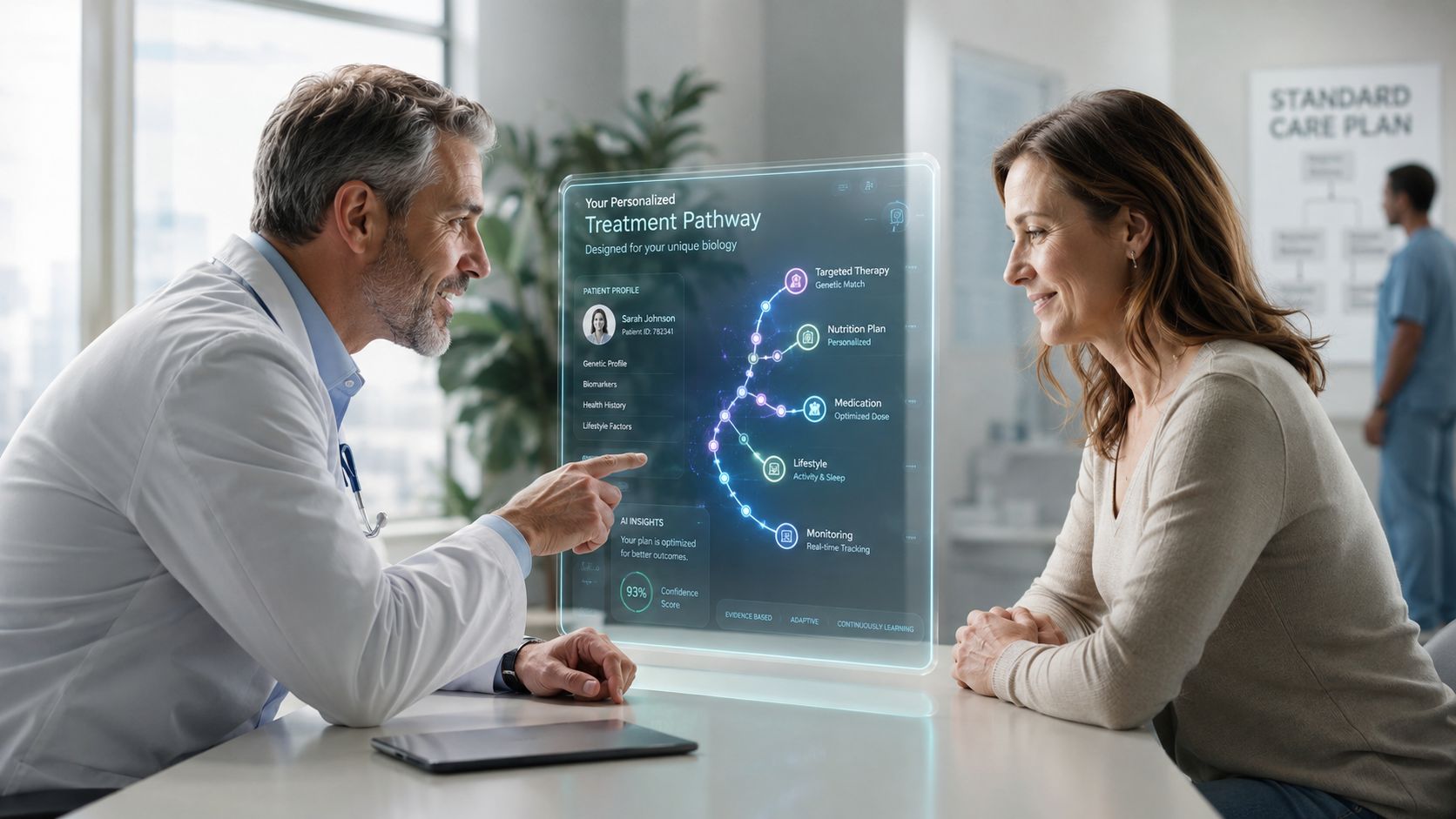A doctor uses a holographic display to explain a personalized medical treatment plan to a female patient.