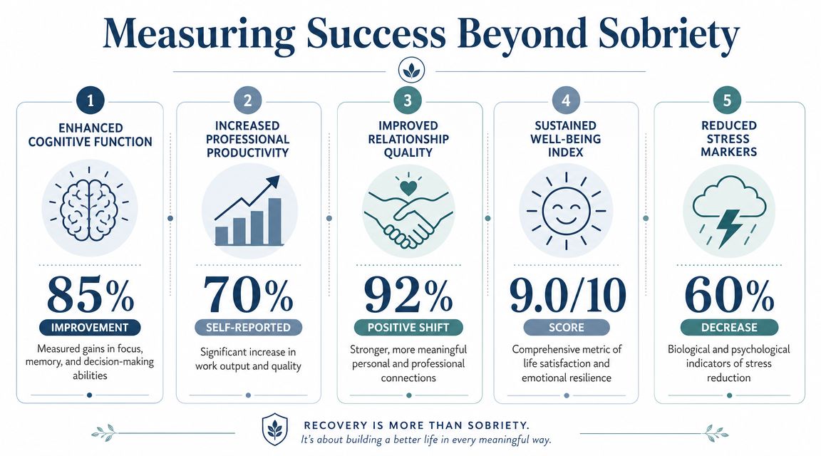 An infographic titled Measuring Success Beyond Sobriety displaying five metrics of personal growth and recovery outcomes.