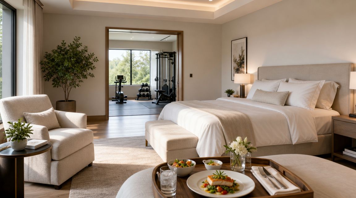 A luxurious bedroom featuring a bed, an armchair, and a home gym visible through an open doorway.