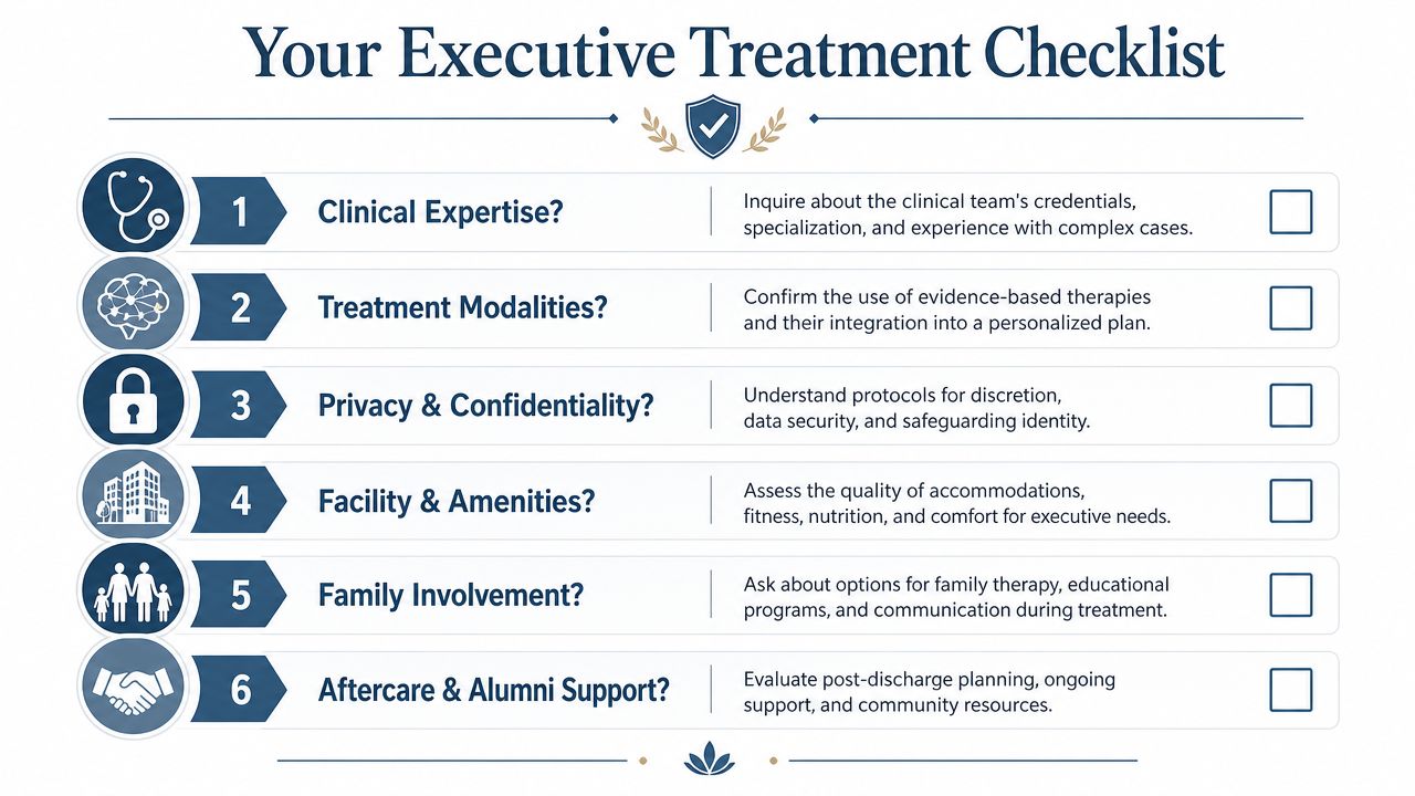 An infographic checklist for evaluating executive residential mental health facilities for adults and treatment programs.