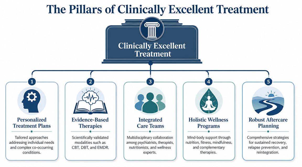 A diagram outlining the five pillars of clinically excellent treatment for mental health and addiction recovery.