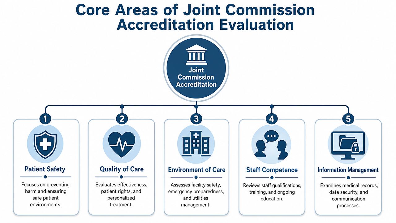 A diagram outlining the five core areas of Joint Commission accreditation, including patient safety and quality of care.