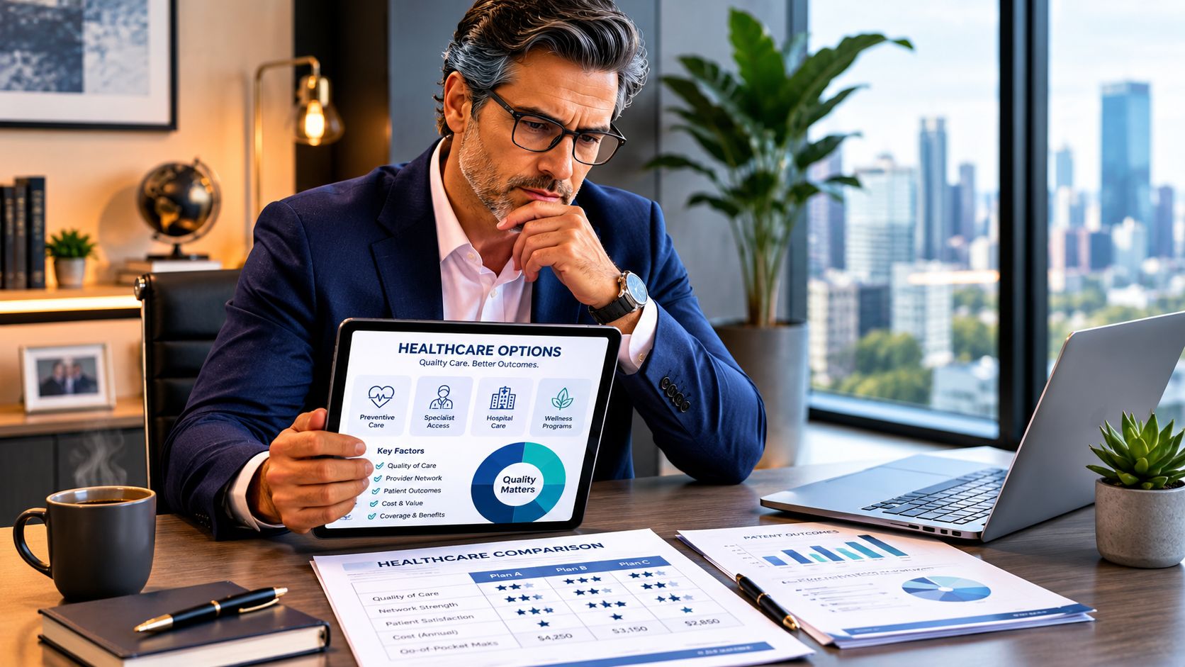 A professional man reviewing healthcare plan comparison documents on a tablet and paper in his office.