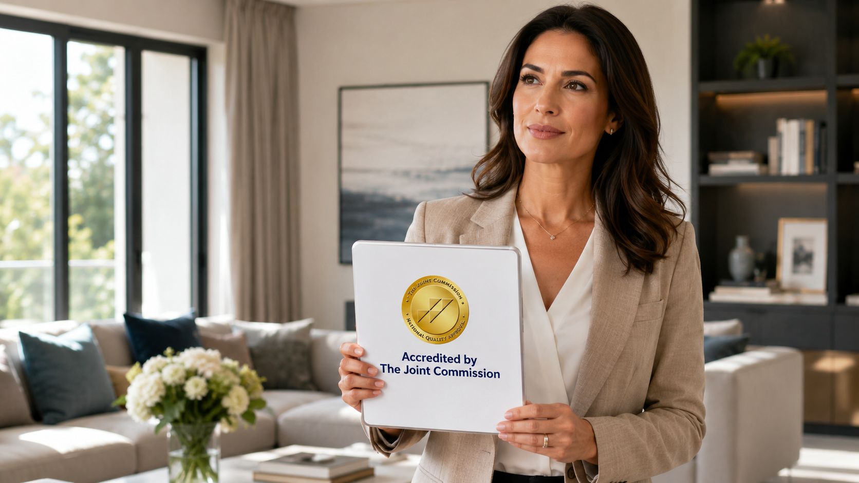 A professional woman in a blazer holding a sign showing The Joint Commission accreditation gold seal.