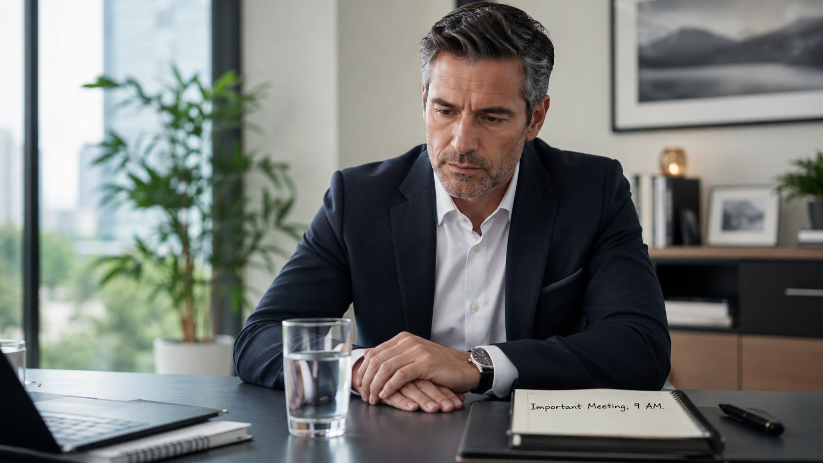 A pensive businessman sitting at his office desk with a glass of water and a notepad.