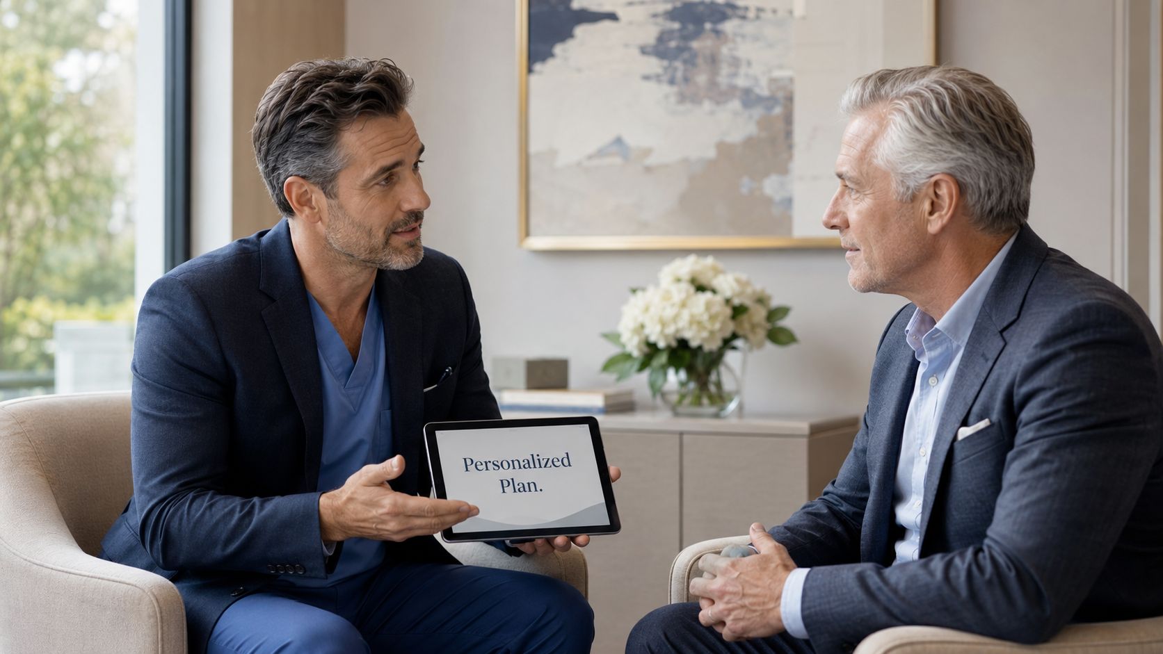 A male doctor in professional attire presenting a personalized health plan on a tablet to a patient.
