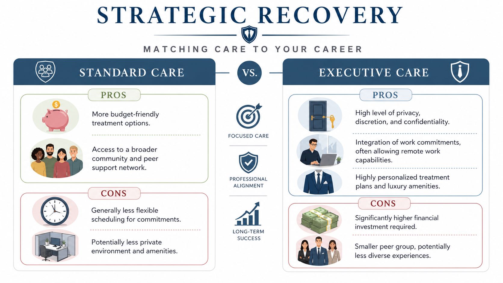 A comparison infographic between standard care and executive care treatment programs for professional recovery support.