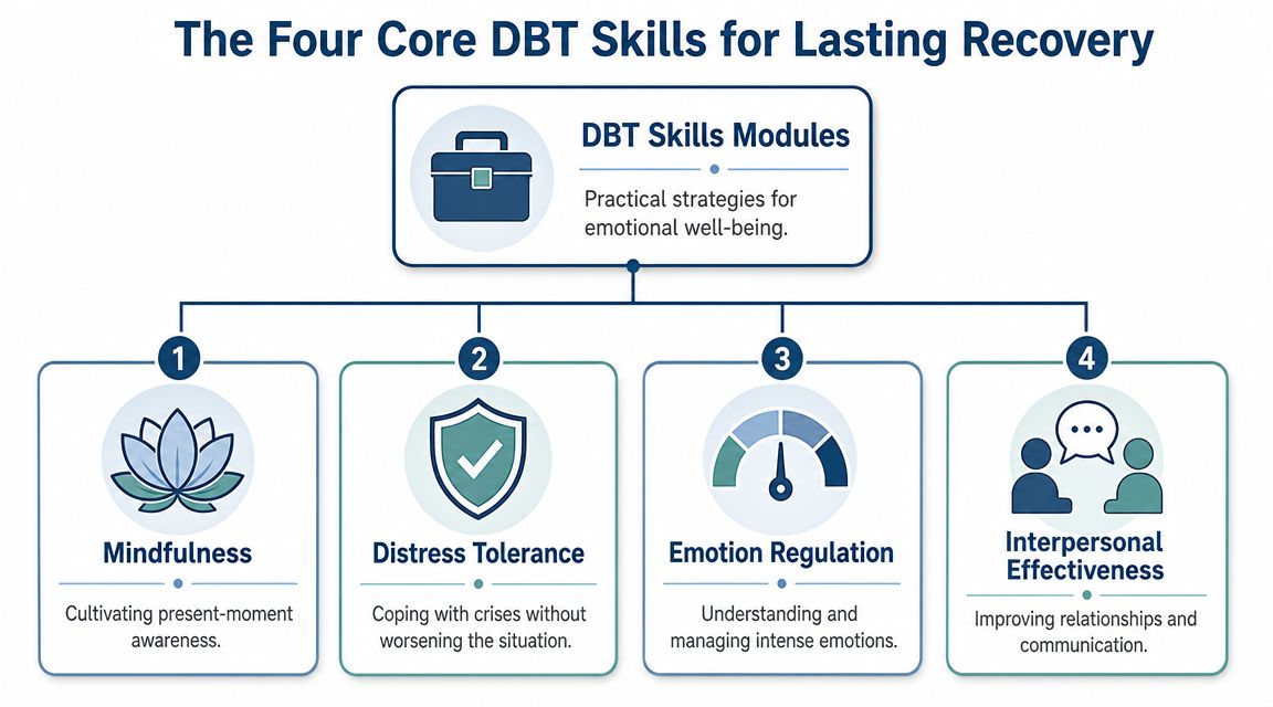 A diagram outlining the four core DBT therapy skills for recovery: mindfulness, distress tolerance, emotion regulation, and interpersonal effectiveness.