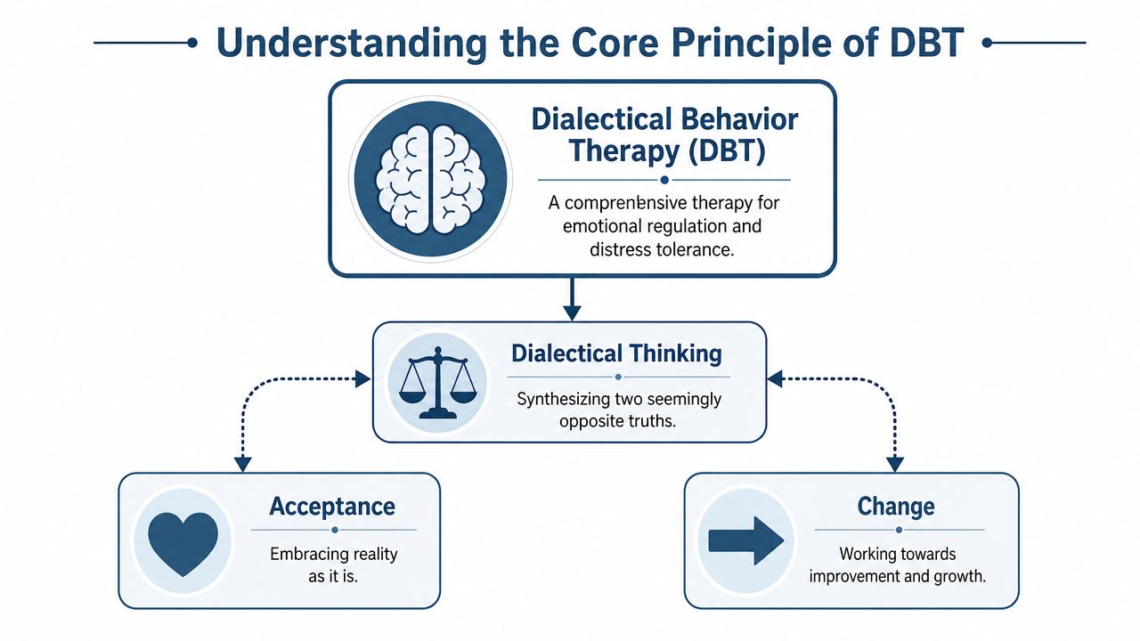 A diagram illustrating the core principle of Dialectical Behavior Therapy, balancing acceptance and change through dialectical thinking.