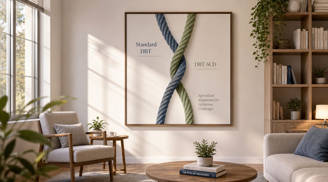 A minimalist office featuring wall art comparing Standard DBT with DBT-SUD for addiction recovery challenges.
