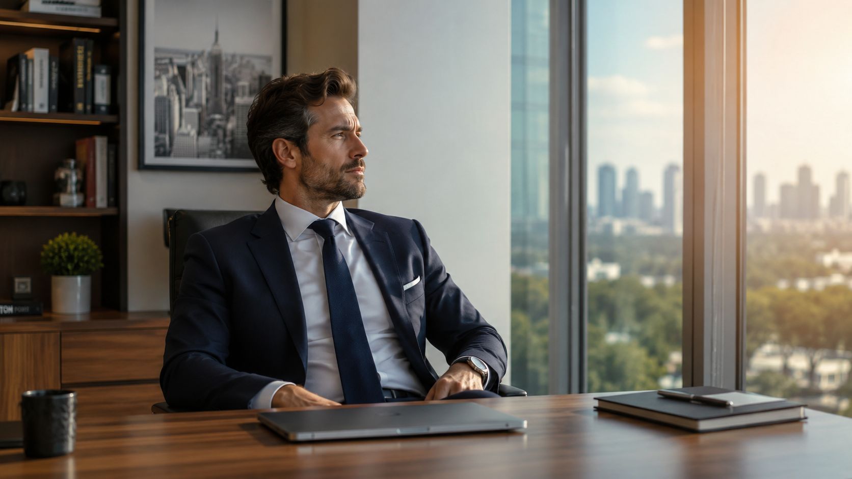A professional man in a business suit sitting at an office desk looking out a window.