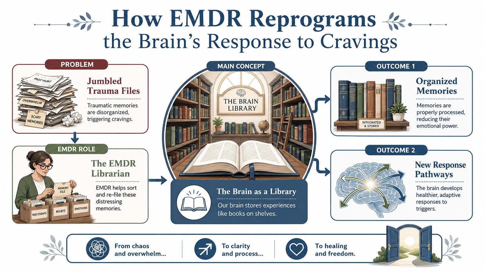 An infographic illustrating how EMDR therapy helps organize traumatic memories and retrain brain responses to cravings.