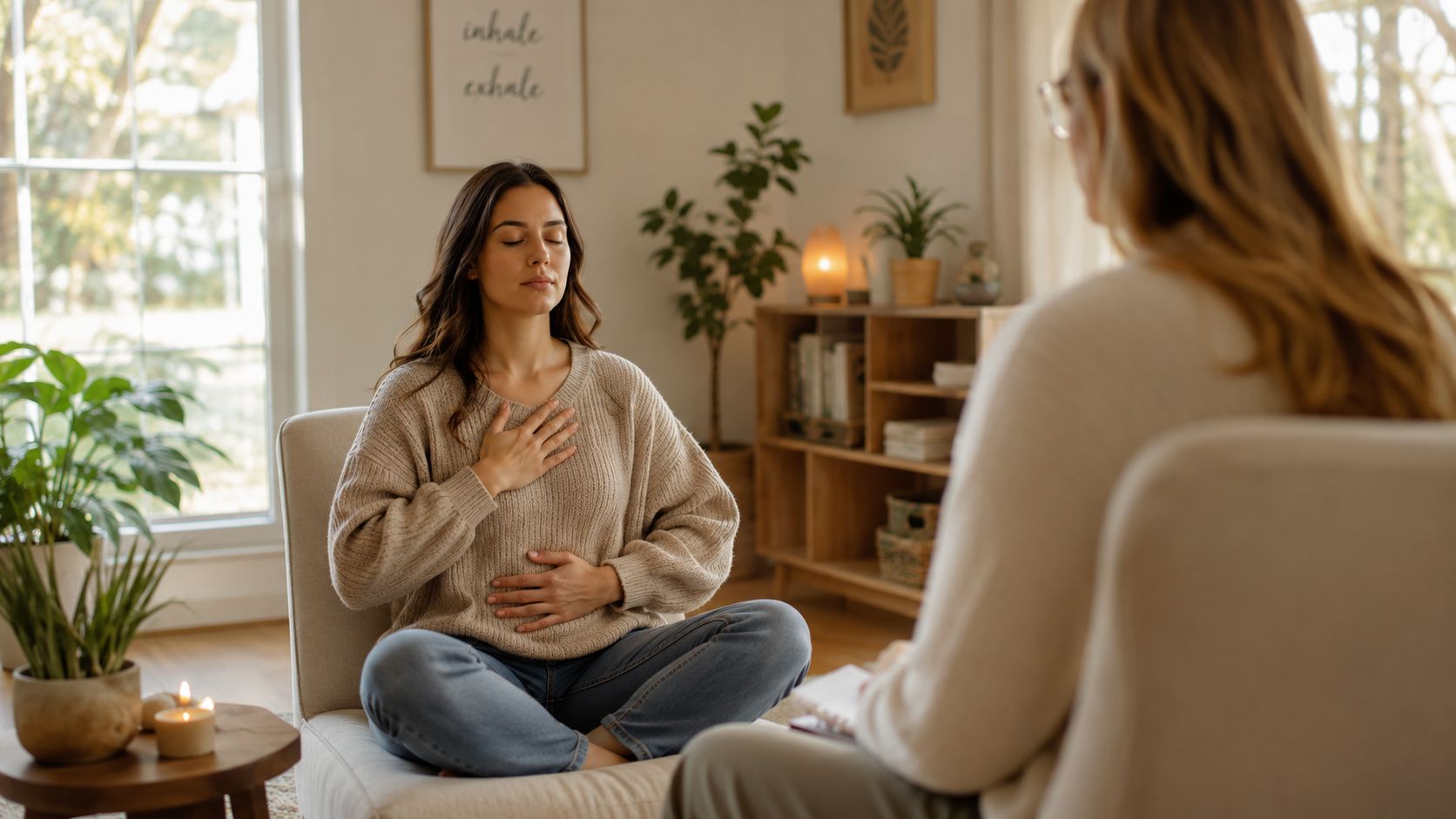 A therapist guides a client through mindfulness and grounding exercises during a calming therapeutic session.