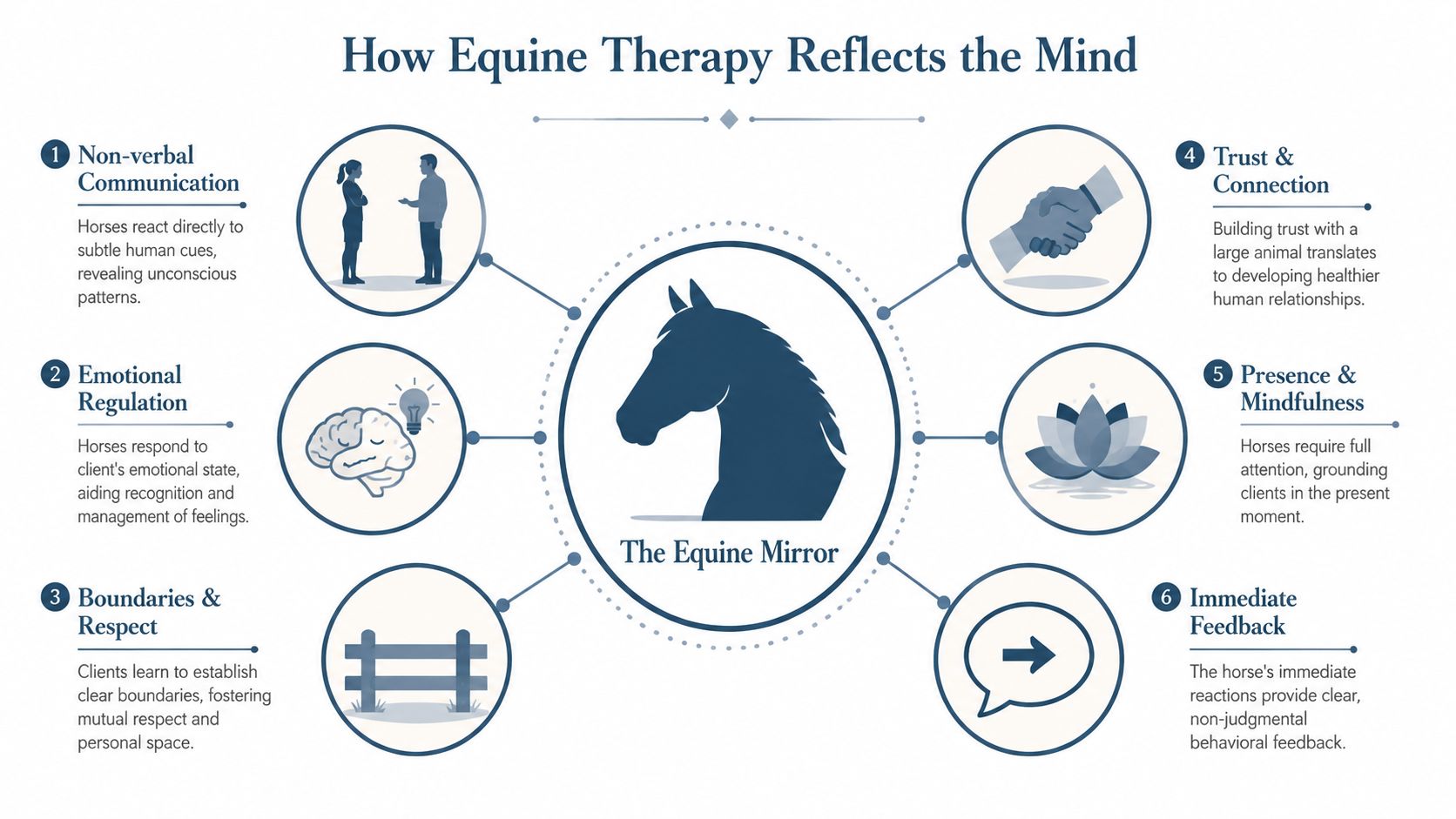 An infographic titled How Equine Therapy Reflects the Mind detailing six key therapeutic benefits using horse imagery.