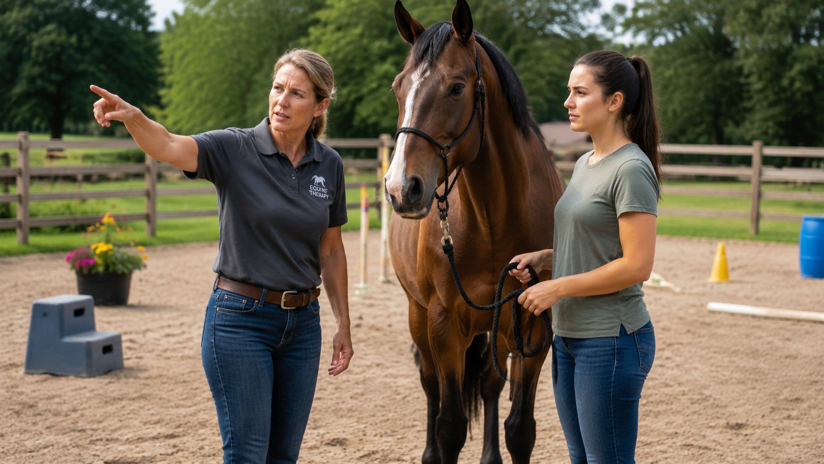 A professional instructor points towards a horse while guiding a young woman during an equine therapy session.