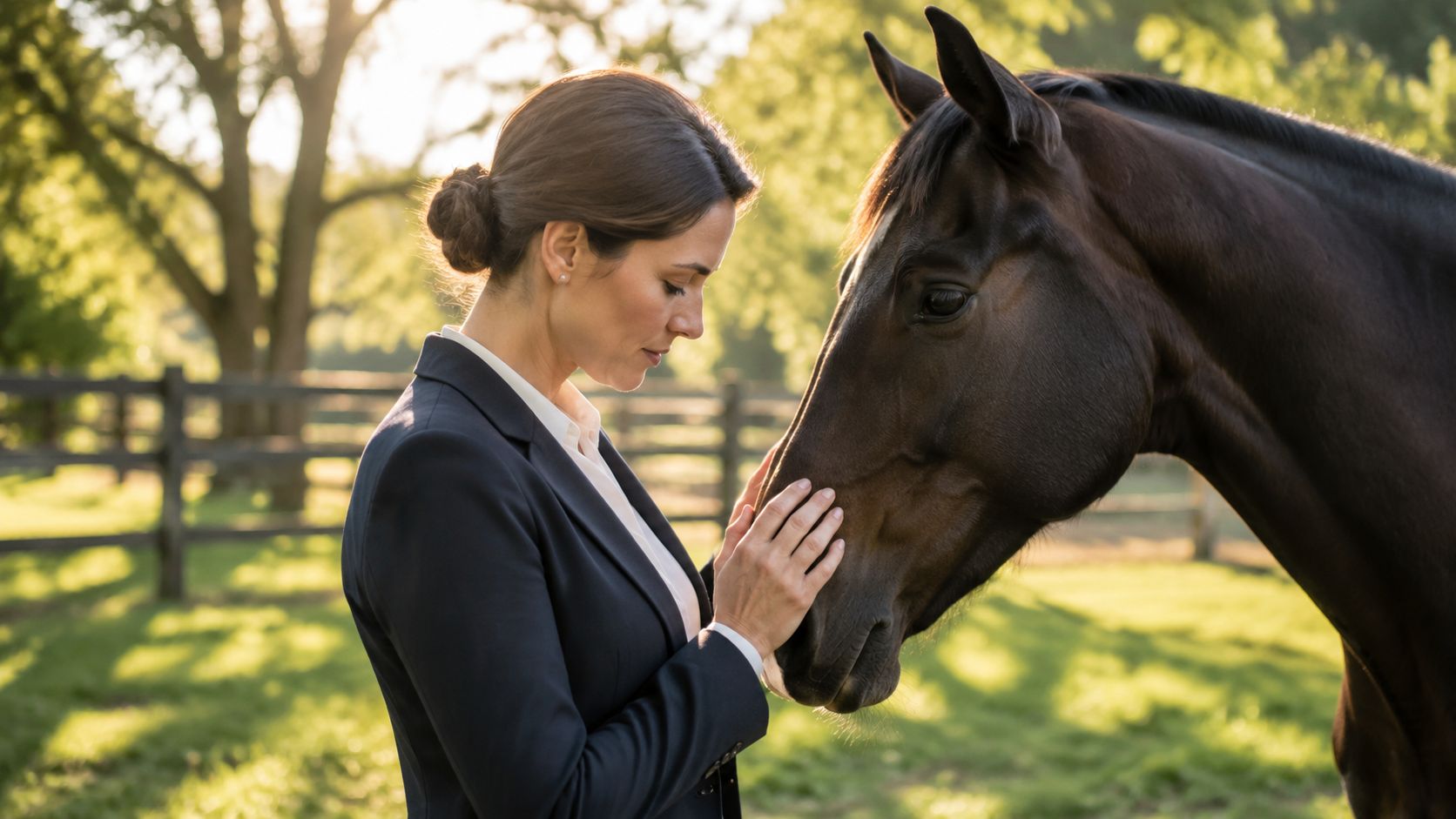A professional woman in a business suit gently touches a brown horse in a sunlit field.