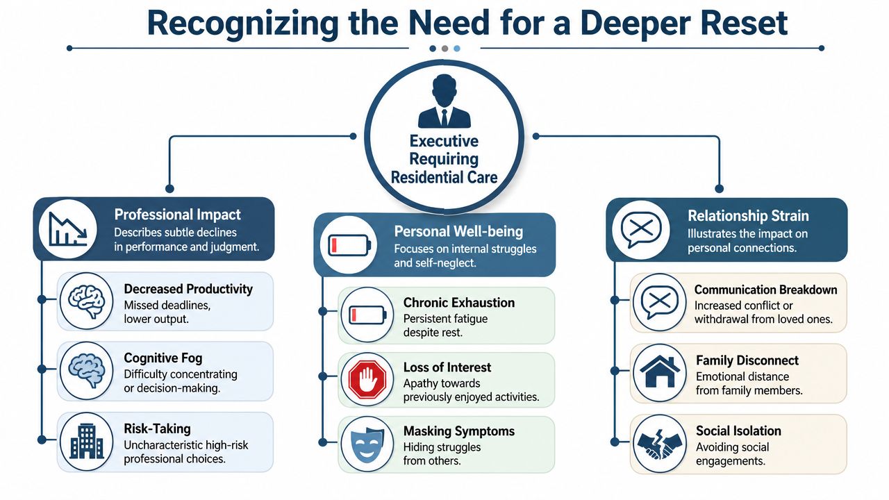An infographic showing symptoms that an executive may need a deeper residential mental health reset.