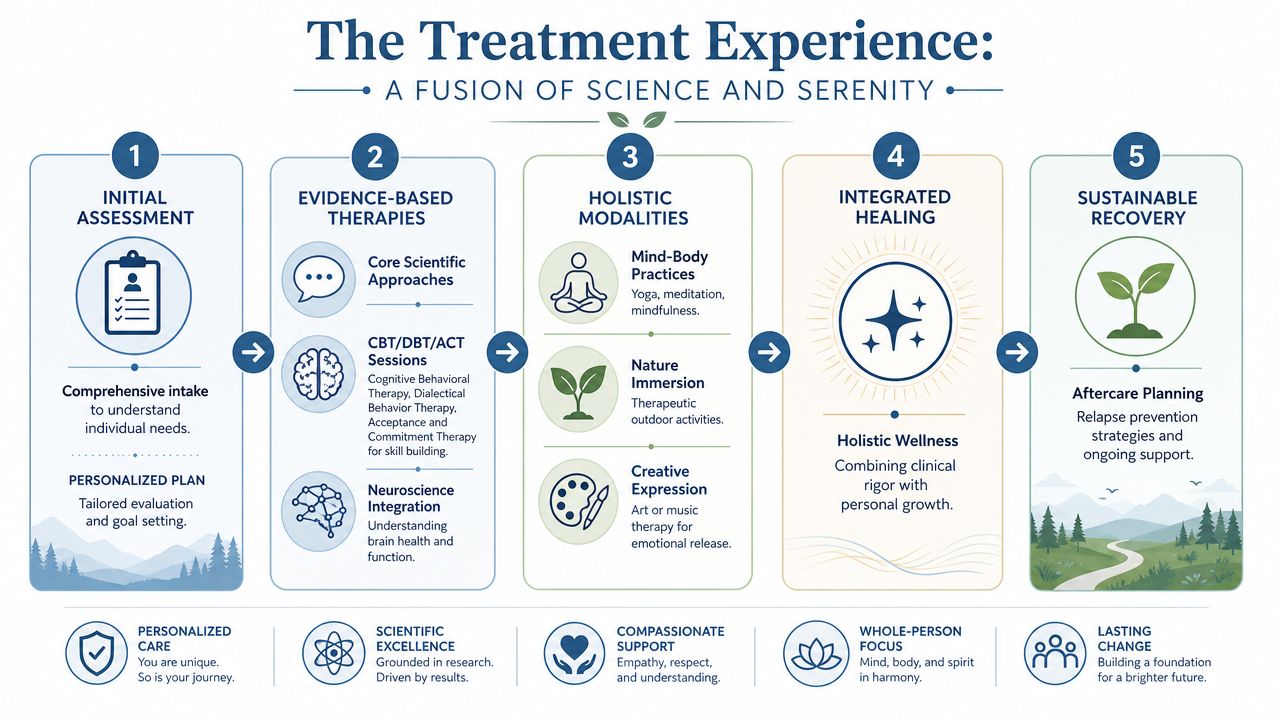 A five-step infographic titled The Treatment Experience detailing a holistic journey of scientific therapies and sustainable recovery.