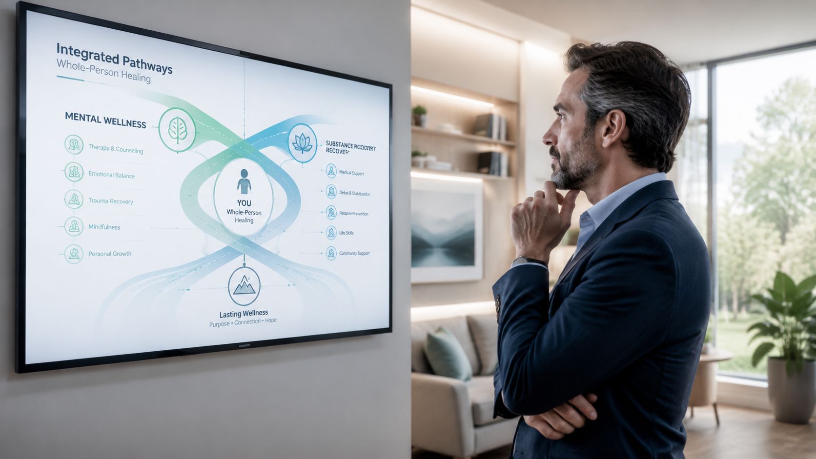 A professional man contemplating an integrated health wellness diagram on a large wall display screen.