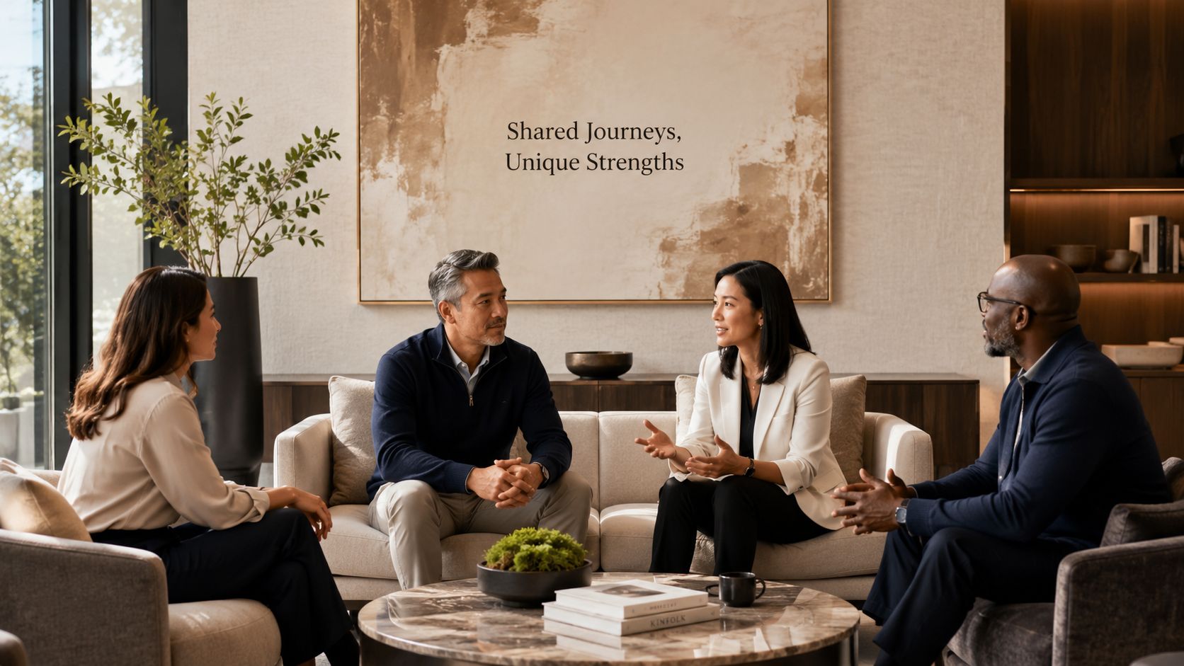 A diverse group of four professionals engaging in a thoughtful discussion during a group therapy session meeting.