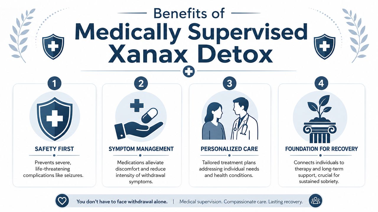 An infographic detailing the four key benefits of medically supervised Xanax detox for recovery and safety.