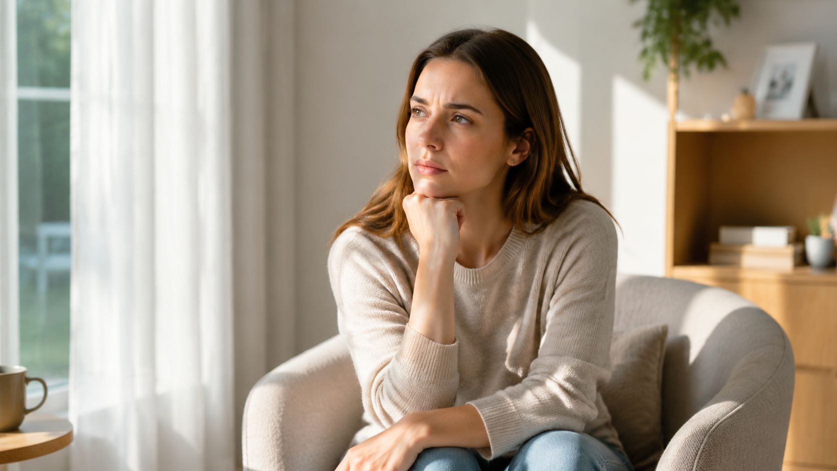 A contemplative woman sitting in a chair by a sunny window, experiencing a moment of deep reflection.