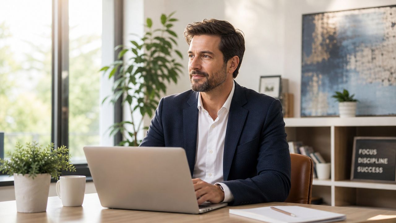 A professional man with a beard sitting at a desk with a laptop in a bright office.