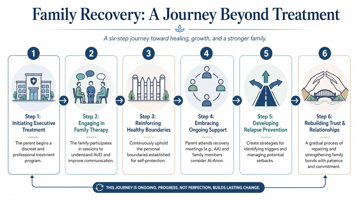 A six-step infographic detailing the process of family recovery and rebuilding relationships after addiction treatment.