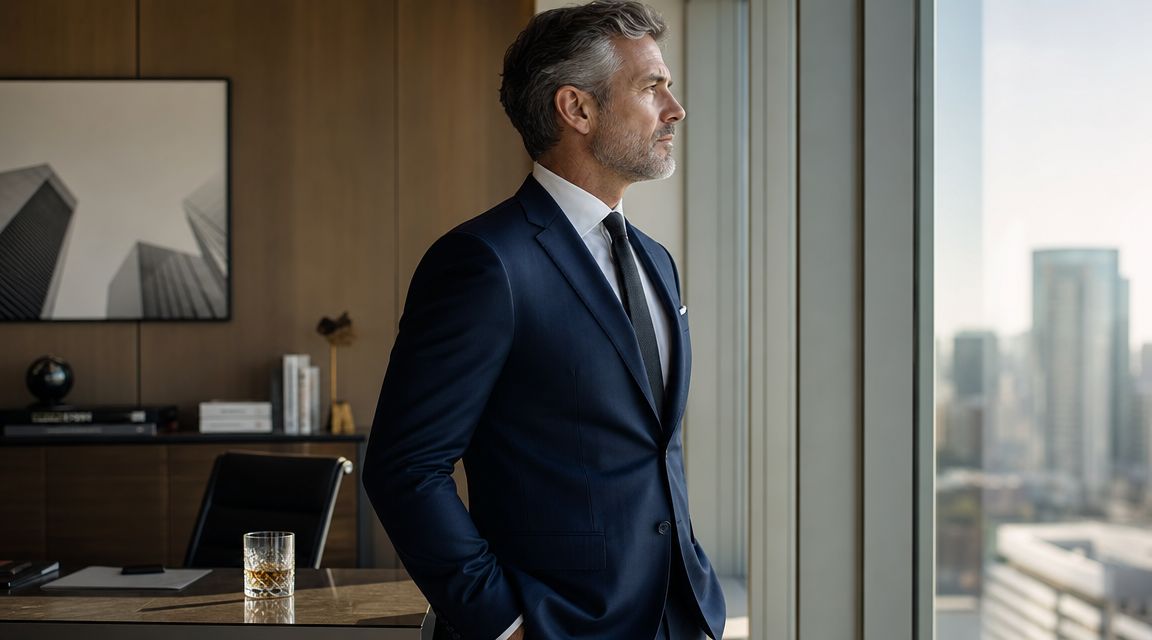 A middle-aged man in a suit looking thoughtfully out of a high-rise office window at city buildings.