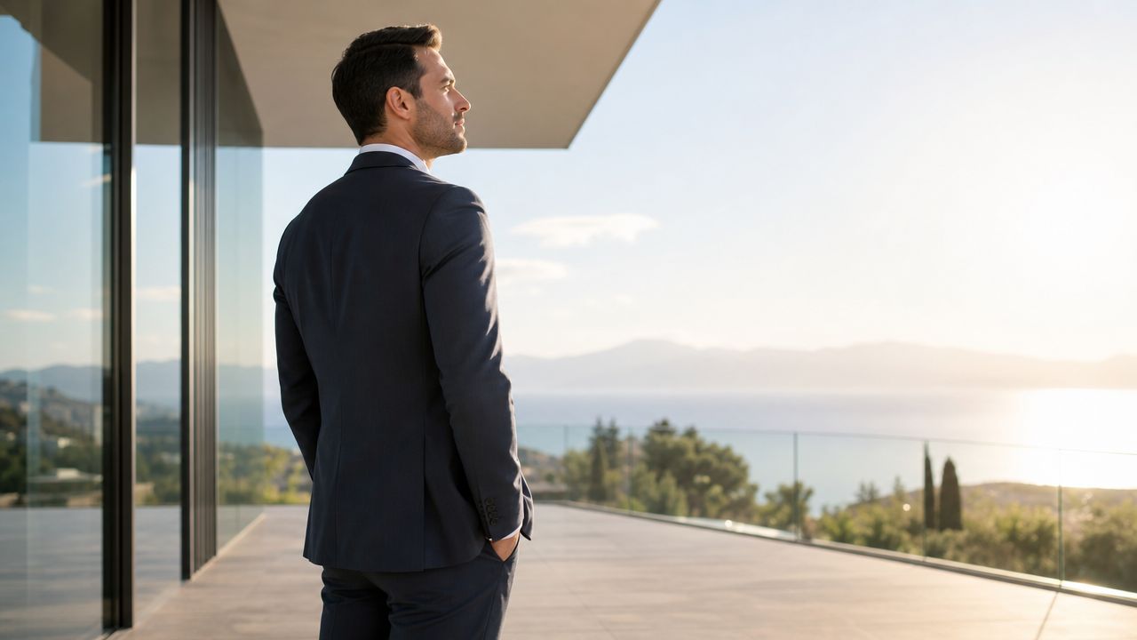 A professional man in a formal suit stands on a balcony looking at a scenic ocean view.