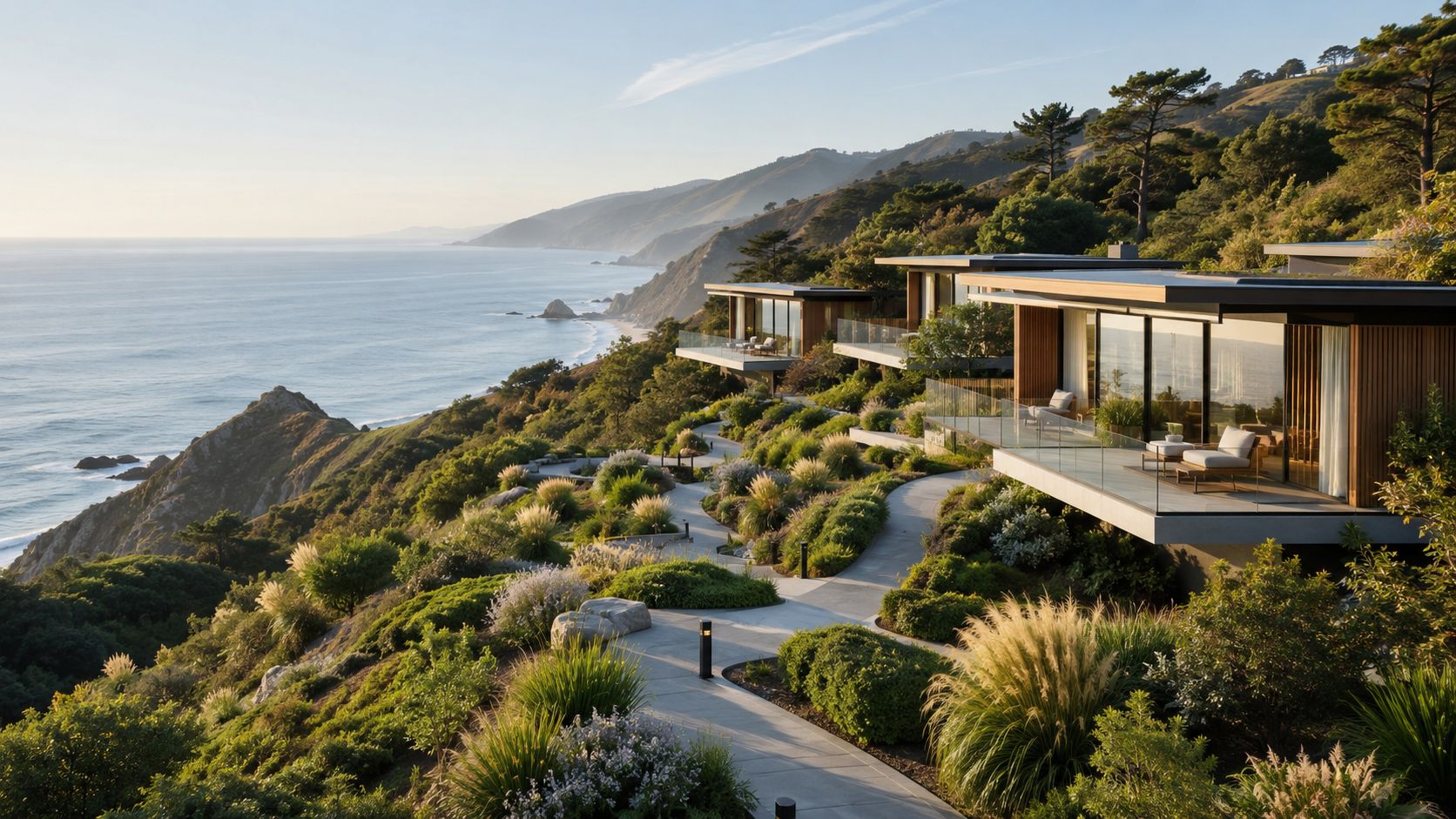 Modern luxury resort cabins nestled on a scenic California coastline overlooking the Pacific Ocean and mountains.
