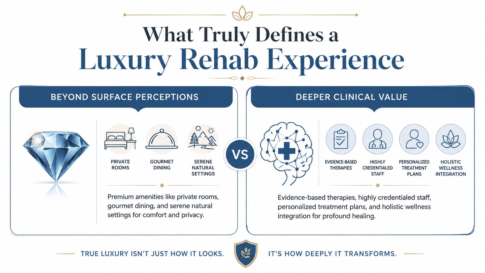 An infographic comparing the superficial amenities and deep clinical values that define a high-end luxury rehab experience.