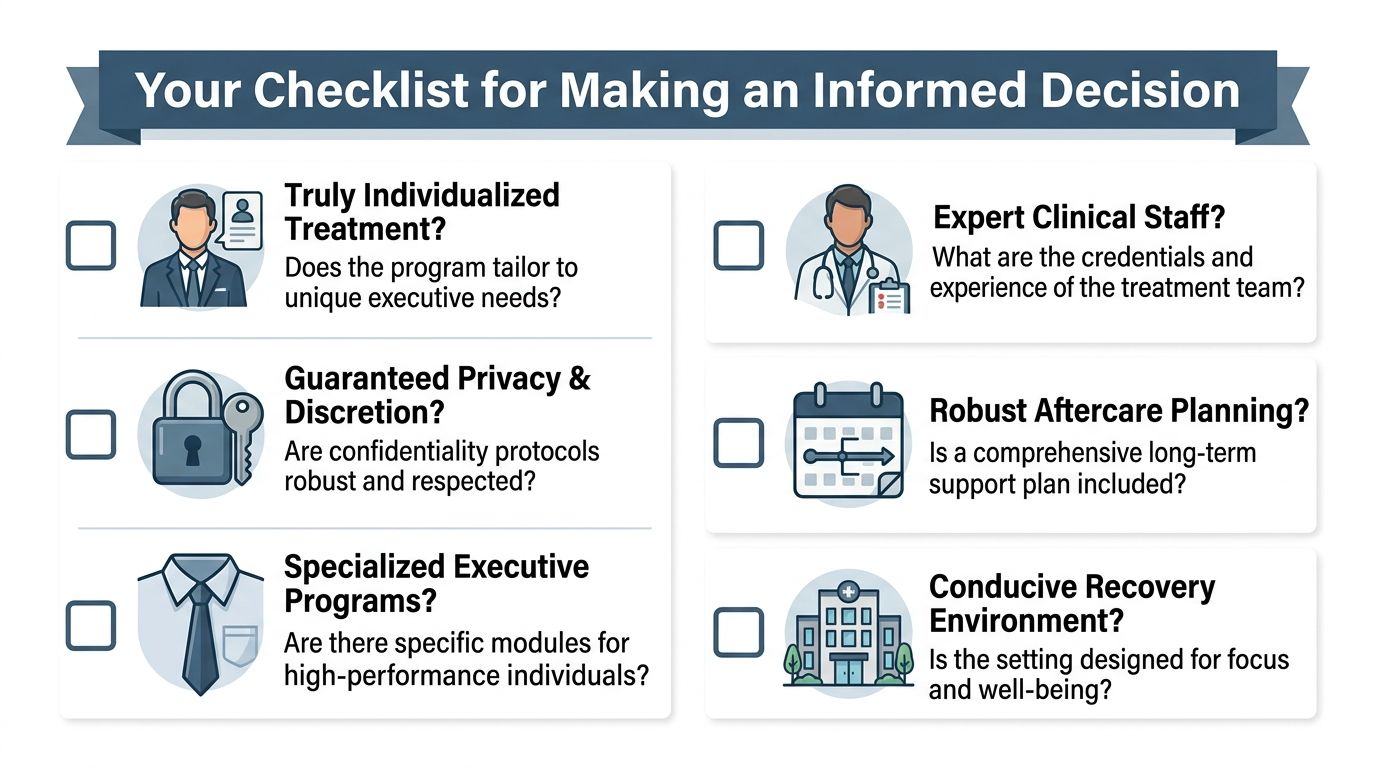 A checklist infographic titled Your Checklist for Making an Informed Decision for executive rehabilitation programs.
