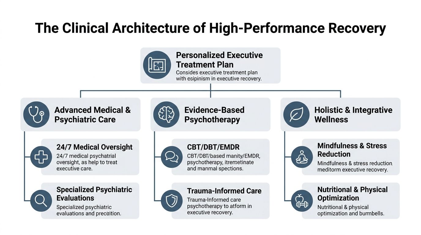 An organizational chart showing the clinical architecture of a high-performance recovery program for executives.