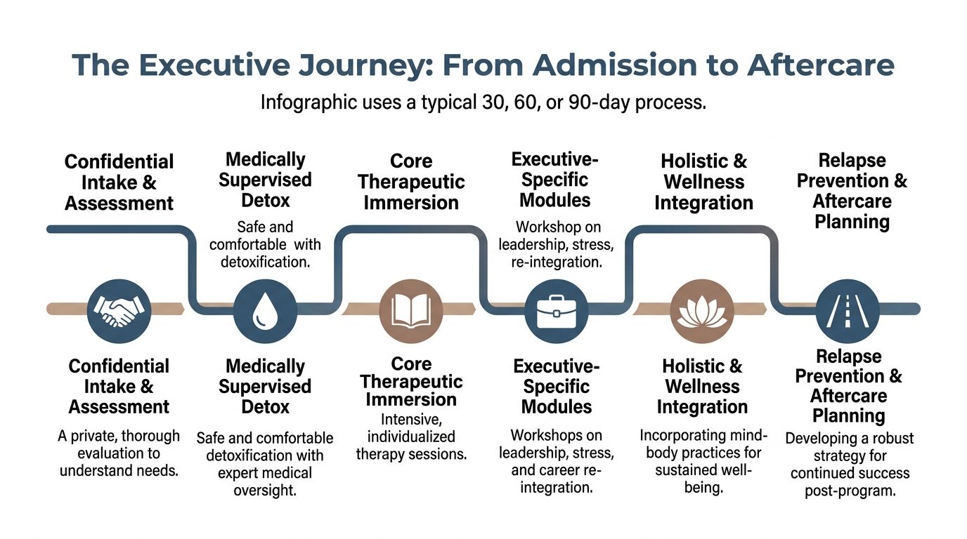A diagram illustrating the executive rehab journey from confidential intake through to relapse prevention and aftercare planning.