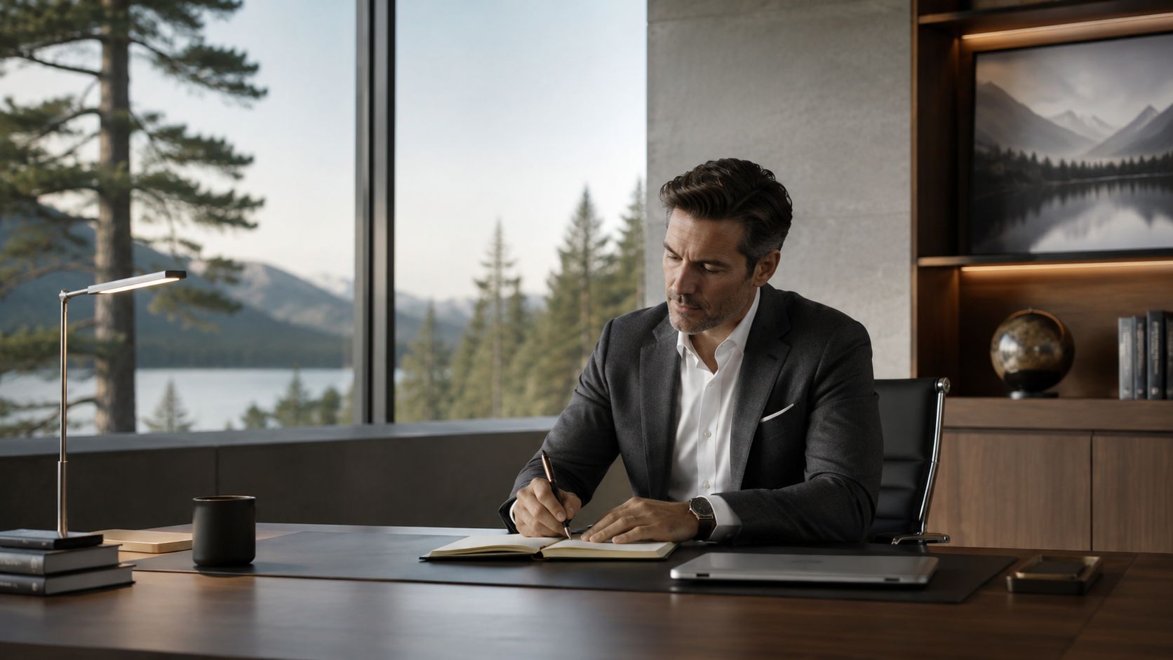 A professional businessman writing in a journal at a desk in a modern luxury office overlooking nature.