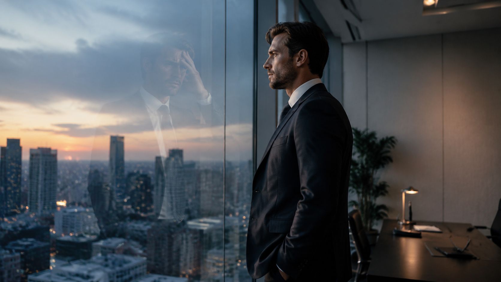 A pensive businessman in a suit looking out of his office window at a city sunset reflection.