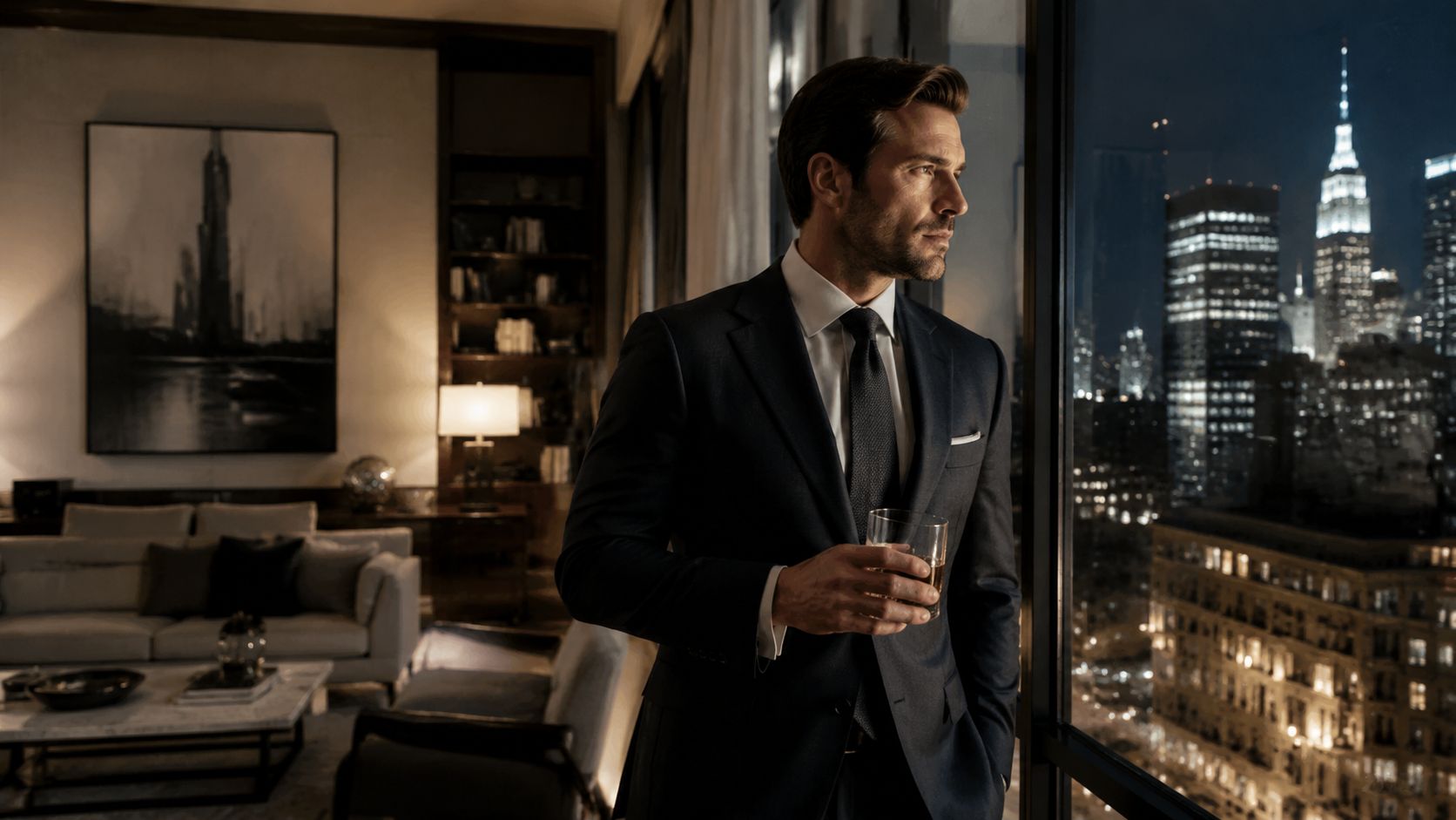 A pensive man in a formal suit holding a glass of whiskey while looking out at night.